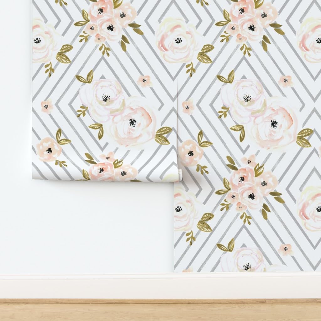 Peel & Stick Wallpaper 3ft x 2ft - Peach Roses Mod Rose Gray Floral Flower Geometric Grey Feminine Watercolor Baby Girl Custom Removable Wallpaper by Spoonflower