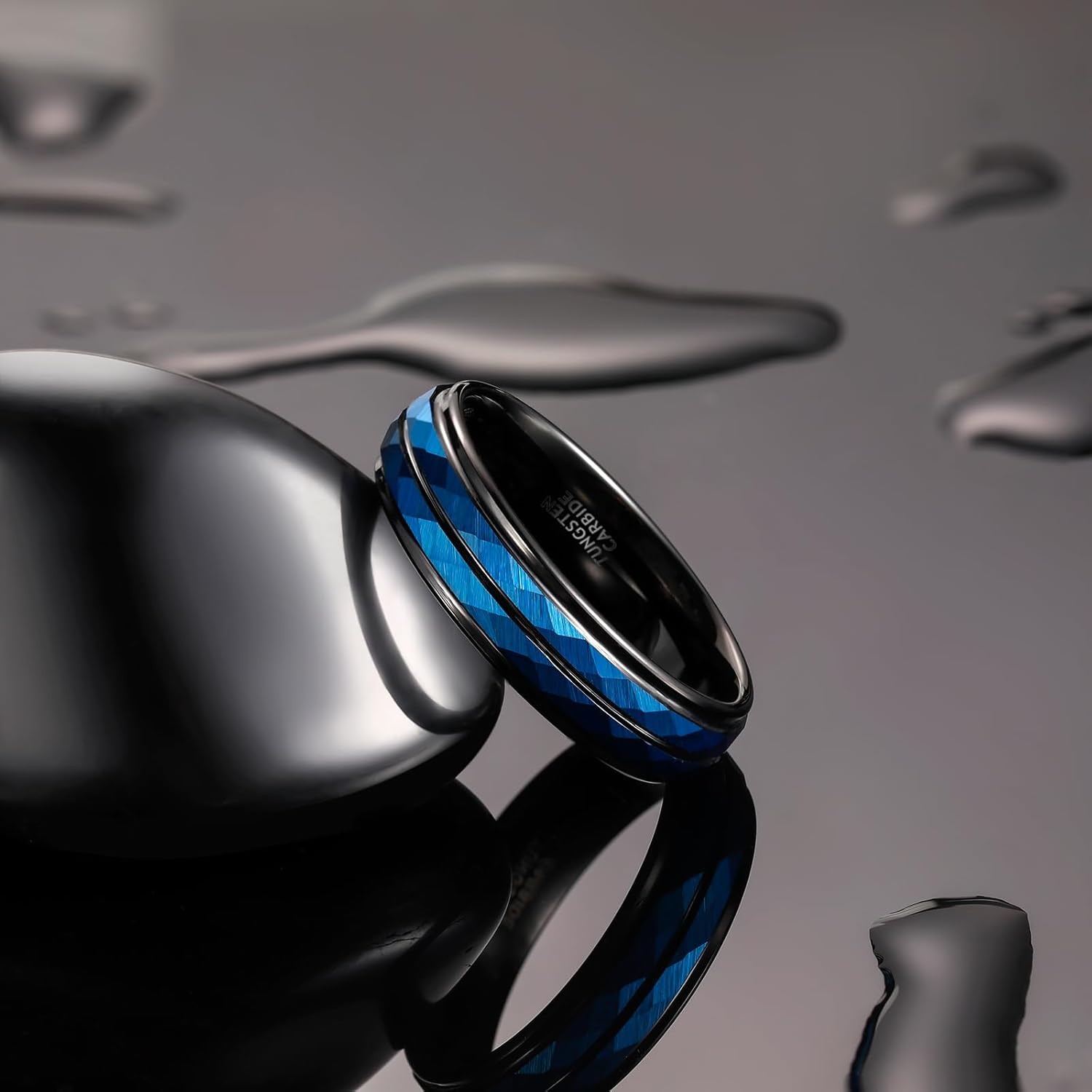 TRUMIUM 6mm Mens Wedding Band Blue Tungsten Carbide Rings for Men Women Hammered Multi-faceted Matte Finished Engagement Promise Couple Rings Size 6-12 - Image 2