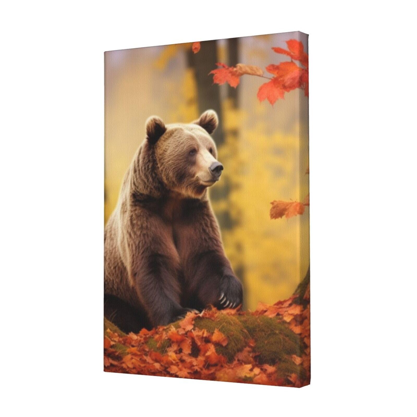 KLOPH Brown bear in autumn Canvas Wall Art for Living Room 12"x18" Modern Artwork Painting for Bathroom Hanging Canvas Prints Aesthetic Wallart for Bedroom Kitchen Office Wall Decor