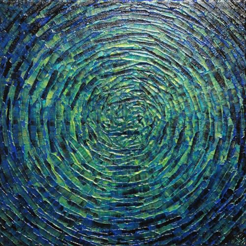 Tableau abstrait sur toile éclat concentrique vert bleu 30x30 cm
