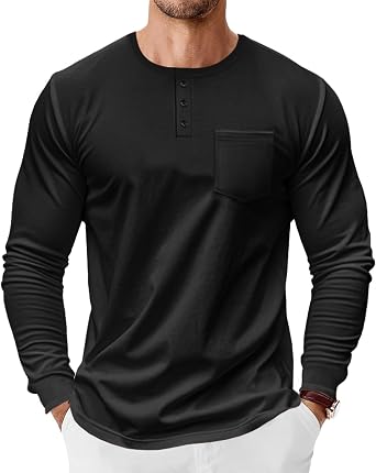 Mens Spring/Autumn Fashion Solid Color Henley Shirt Crew Neck Button Down Long Sleeve Pullover with Pockets