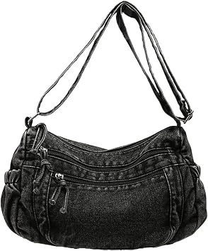 CORIOS Denim Shoulder Bag for Women Retro Handbag Jean Purse Large Capacity Crossbody Bag Lightweight Satchel Messenger Bag Casual Top Handle Bag Travel Work Shopping Daily Use Tote Black
