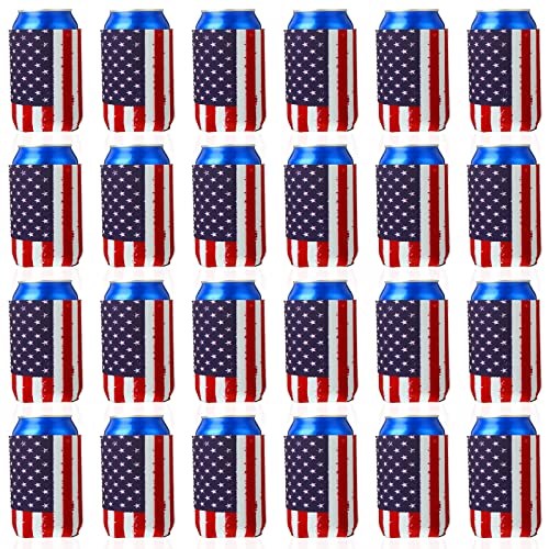 24 Pcs Summer Can Cooler Sleeves Reusable Usa Flag Can Cooler Collapsible American Flag Can Covers for Beer DIY Neoprene Beer Bottle Cooler Insulation with Stitches for Drink Holder Party, 12 oz