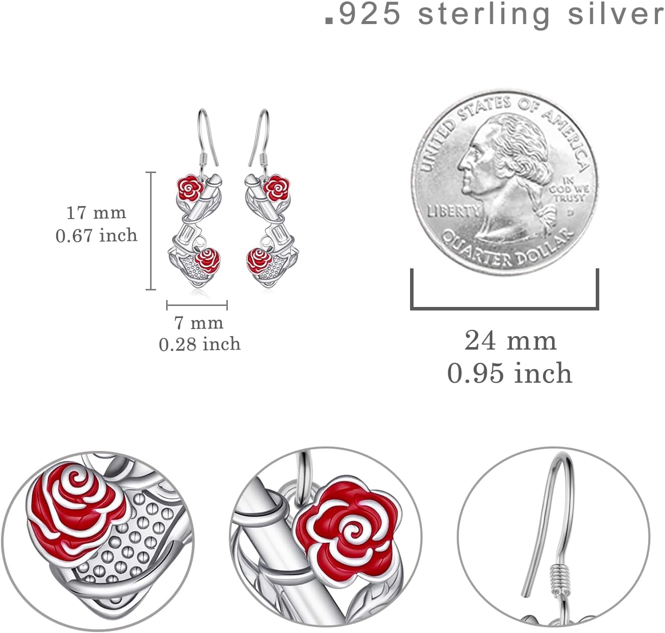 Guns and Roses Earrings 925 Sterling Silver Gun Earrings Guns n Roses Jewelry Floral Handgun Design Dangle Earrings for Women