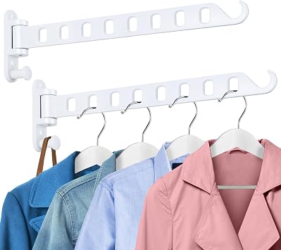 Wall Mounted Clothes Hanger with Swing Arm - 8-Hole Laundry Room Drying Rack | 180 Rotation & Space Saving for Hanging Clothes | Swing Away Coat Hanger | Aluminium2-Pack, White
