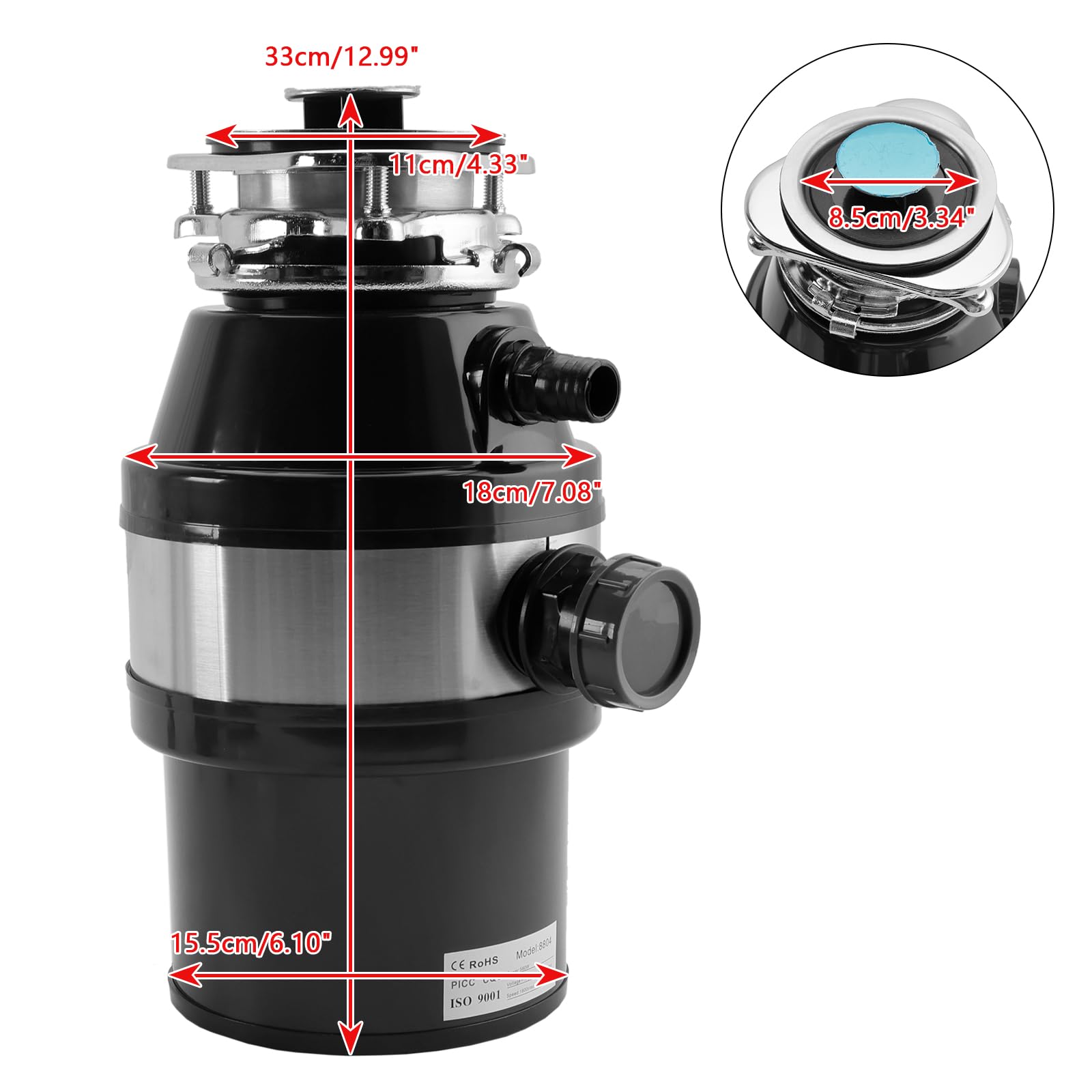 Triturador de Basura de 3/4 HP, 2800 RPM, para Cocina bajo Fregadero, con Enchufe e Interruptor inalámbrico, de Acero Inoxidable, de Alta Velocidad para una trituración eficiente de residuos.