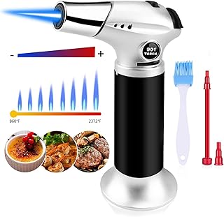 Butane Torch, Kitchen Blow Torch Cooking Torch Lighter Refillable with Security Lock and Adjustable Flame for Creme Brulee, Baking, BBQ, DIY Soldering (Butane Gas Not Included) (Silver)