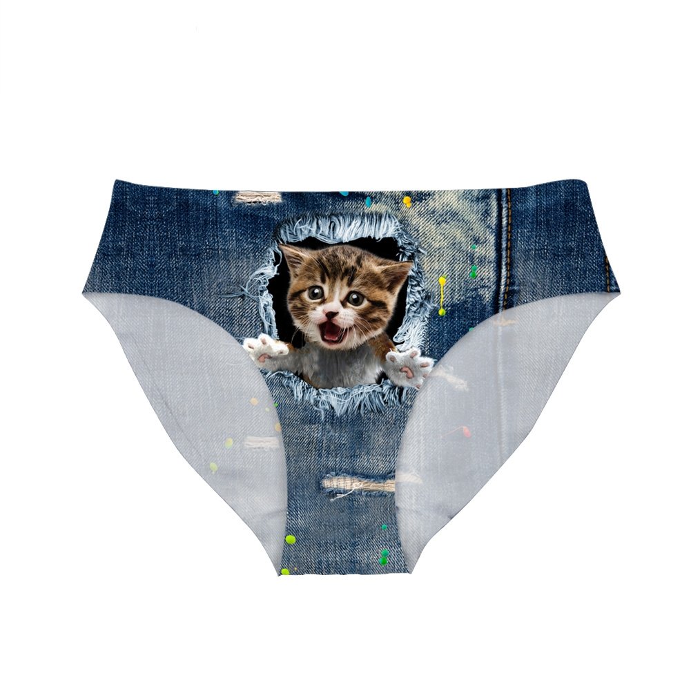HUGS IDEA Fashion Denim Cat Underwear Briefs Women Comfortable Seamless Panties XL