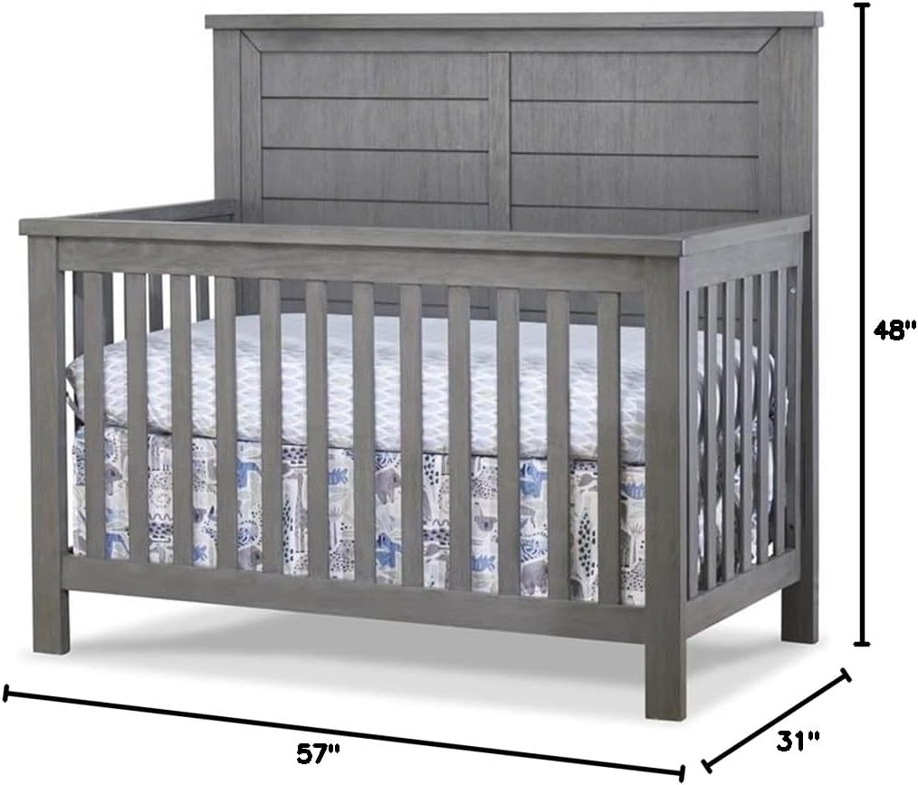 Pemberly Row Modern Wood Crib, Grigio Gray Finish, Solid Panel and Slat Design, Converts to Toddler Bed, Daybed or Full-Size Bed, 48" H x 31" W x 57" D, ASTM Certified Nursery Furniture