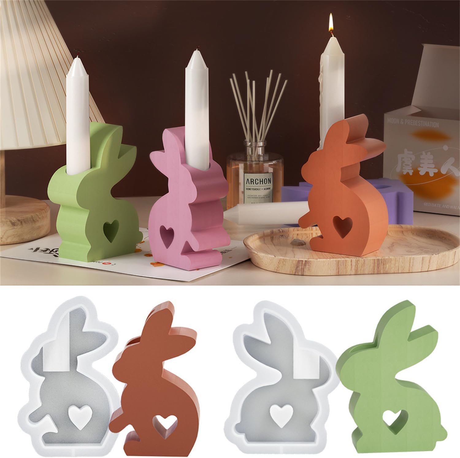 Easter Bunny Silicone Moulds Casting Moulds 2 Pieces 3D Easter Bunny Silicone Mould Candle Holder Rabbit Silicone Casting Mould Candle Holder for Plaster Casting Easter DIY Gifts