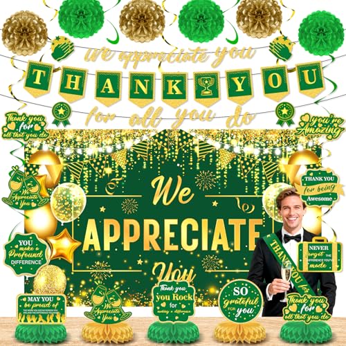 Image of We Appreciate You Party Decorations Green Gold Thank You for All You Do Banner Honeycomb Centerpieces Hanging Swirls for Office Employee Pastor Teacher Doctor Graduation Appreciation Party Decor