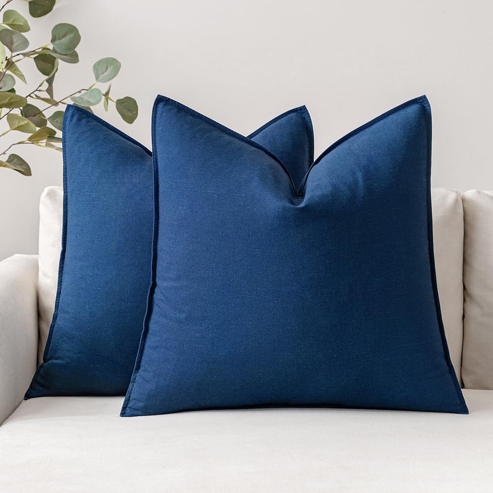MIULEE Pack of 2 Navy Blue Pillow Covers 24x24 Inch Decorative Couch Throw Pillow Covers Linen Cushion Covers Set Modern Farmhouse Home Decor for Sofa Living Room Bed