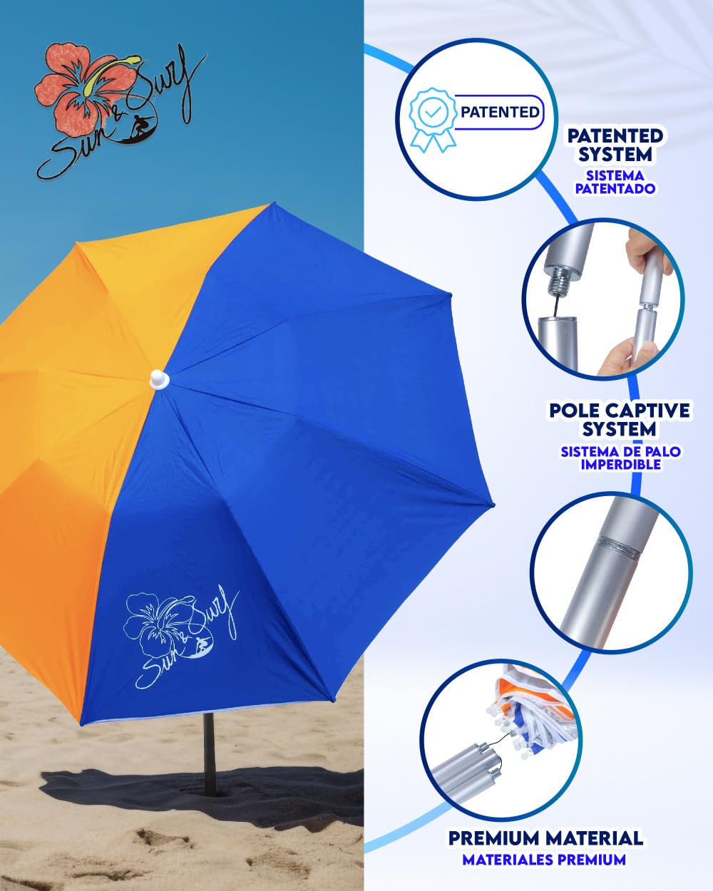 SUN & SURF Ombrellone compatto 180 cm pieghevole UPF 50+ UV manico arrotolabile 60 cm sacchetto incluso. Super resistente, multicolore.