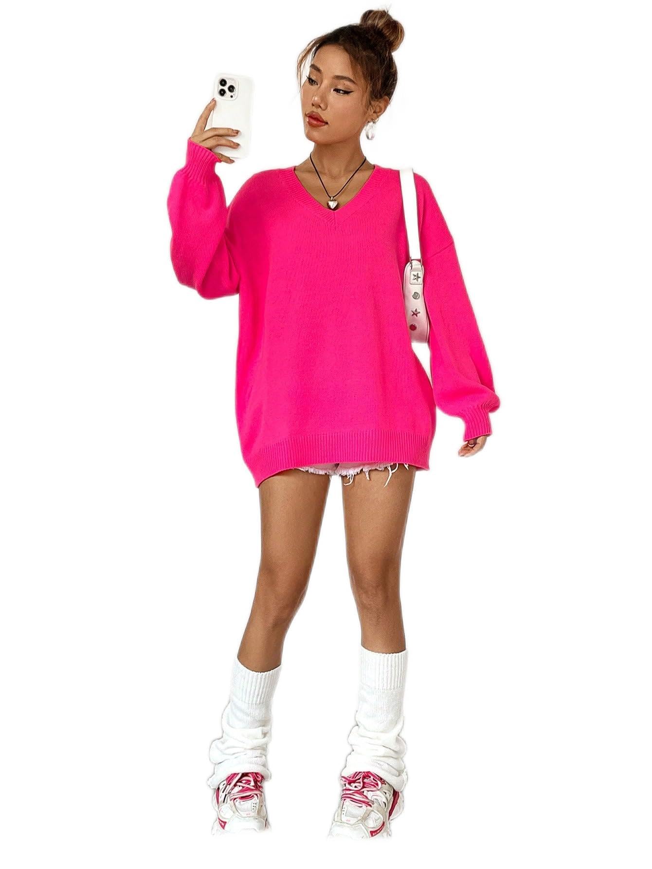 Amazon.com: Solid Drop Shoulder Sweater - Hot Pink, Casual