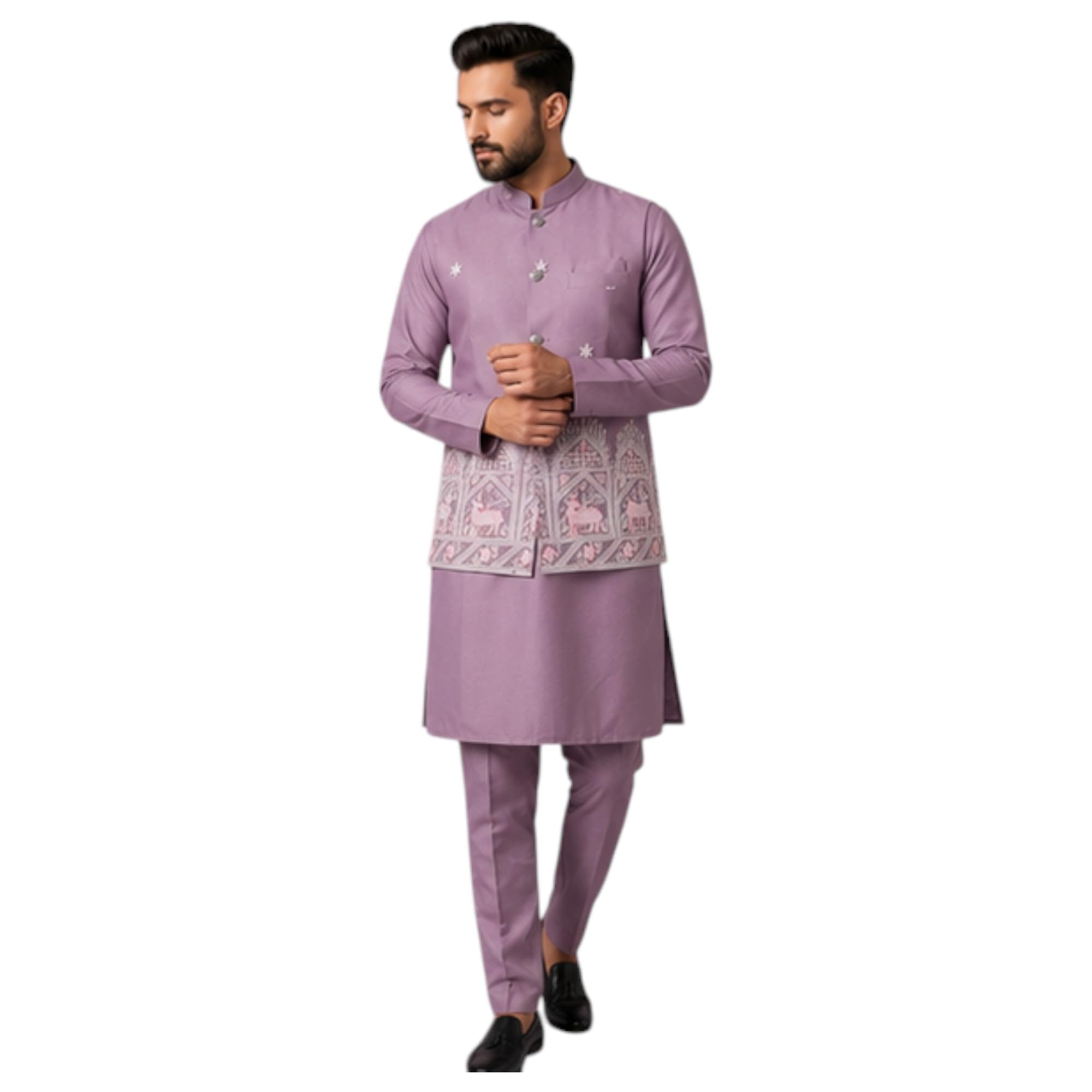 Men’s Kurta Pyjama Set with Embroidered Jacket.-image-27
