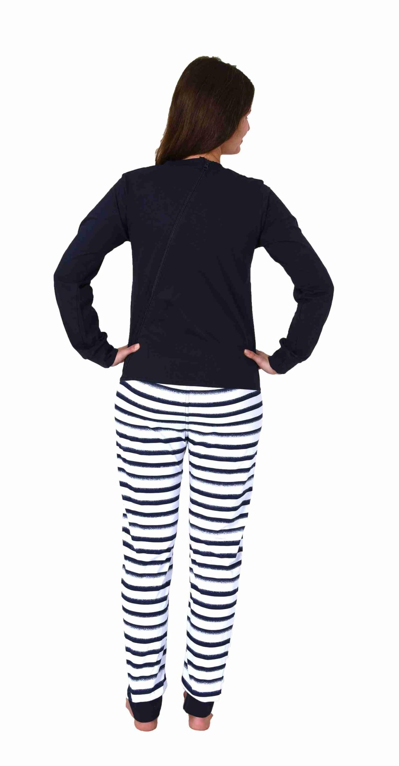 Normann Care Maritimer Damen Pflegeoverall Langarm Schlafanzug mit Reissverschluss am Rücken und Bein