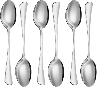 AEX 6 Premium Stainless Steel Coffee Cutlery Tablespoons Set Salad Buffet Banquet Flatware Kitchen Restaurant Serving Utensil Silver Soup Dinner Round Tableware Spoons Dishwasher Safe