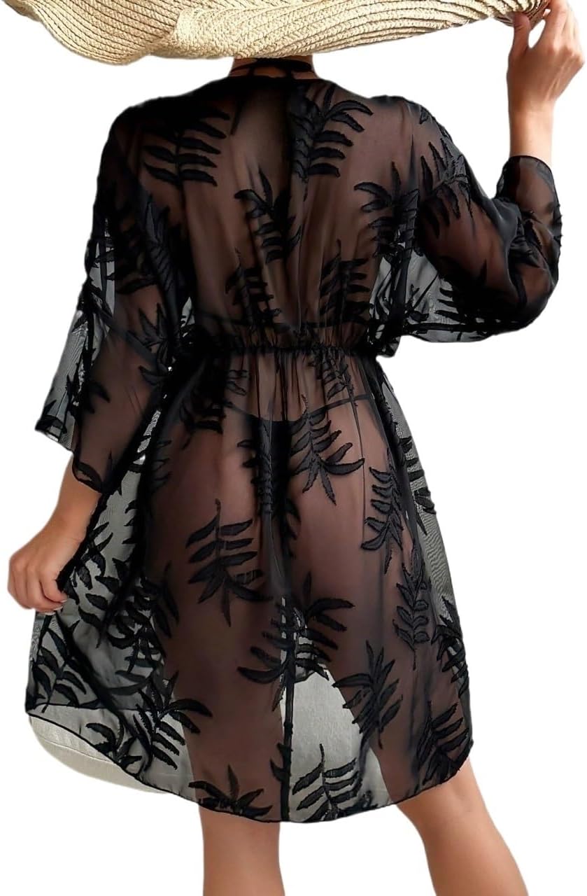 Women Swimsuit Cover Up Batwing Sleeve Belted Mesh Cover Up Dress,Summer Beach