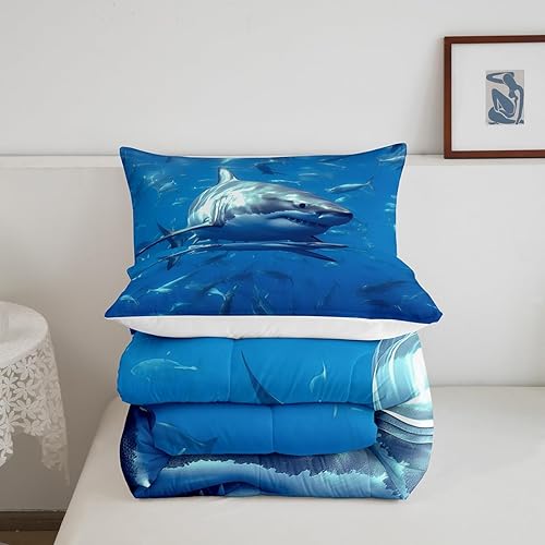 Miniatura 10 de Juego de edredón de tiburón, tamaño individual, juego de ropa de cama de mundo submarino de la vida oceánica, edredón de plumas de olas marinas de