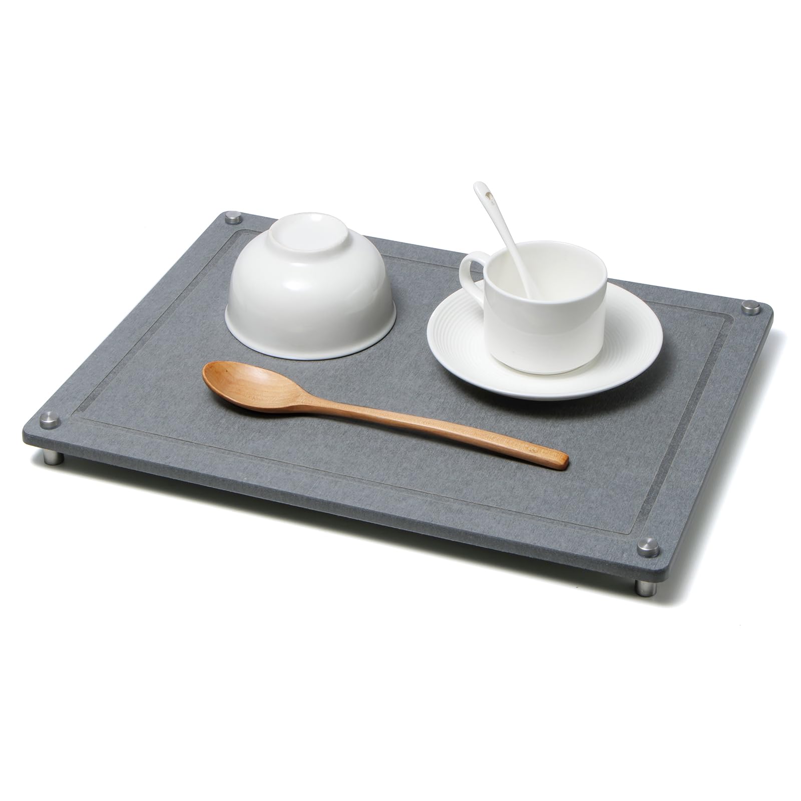 Stone Drying Mat for Kitchen Counter, Diatomaceous Earth Stone Dish Drying Mat, Fast Drying Stone Mat Kitchen with Stainless Steel Feet, Ultra Absorbent Non-Slip (15.8x11.8 inch) Gray
