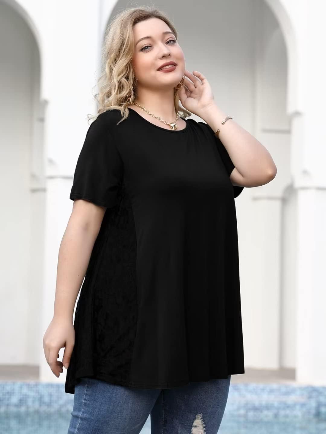 LARACE Plus Size Spring Summer Tunics Tops Short Sleeve Shirts Flowy Lace Tops Wrinkle Free Blouses for Women Dressy Casual - Image 5