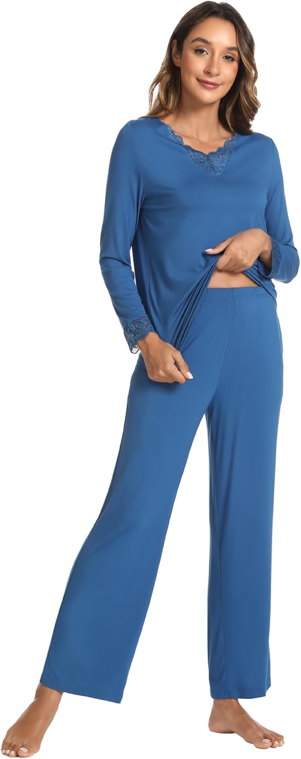 GYS Women's Pajama Sets Viscose from Bamboo Lace Trim Long Sleeve Sleepwear Soft Pjs Lounge Sets with Pockets - Image 2