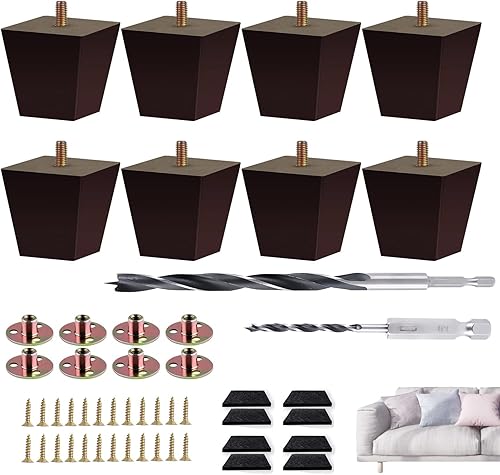 Miniatura 8 de Txcucc Patas de sofá cuadradas para cama, patas de repuesto de madera de 4 pulgadas para muebles, juego de 4, marrón oscuro