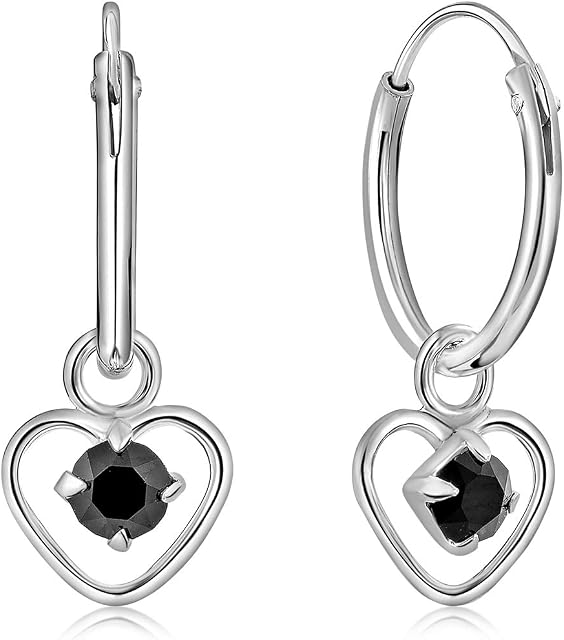 DTPsilver® 925 Sterling Silver SMALL Hoops Earrings & Dangling Heart with 3 mm Glittering Crystals from Swarovski® Elements - Thickness 1.5 mm - Diameter: 14 mm