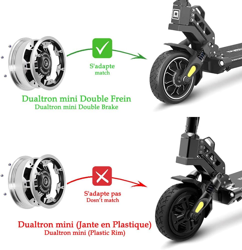 Compatibility diagram showing Dualtron mini Double Brake compatibility and Plastic Rim incompatibility