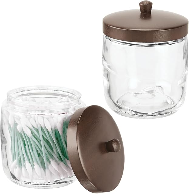 mDesign Set of 2 Cosmetic Storage Glass  Glass Container with Lid for Cotton Pads, Hair Bands etc  Multi-Purpose Cosmetic Organiser for The Bathroom  Clear/Dark Brown
