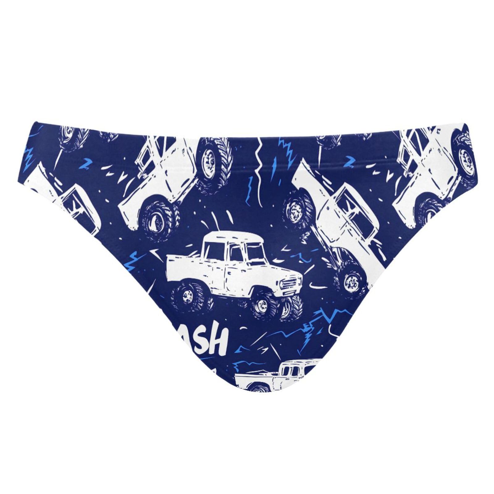UMIRIKO Mens White Monster Trucks Blue Lightning Swim Briefs Bikini Swimwear Bathing Suit XL 202c0167