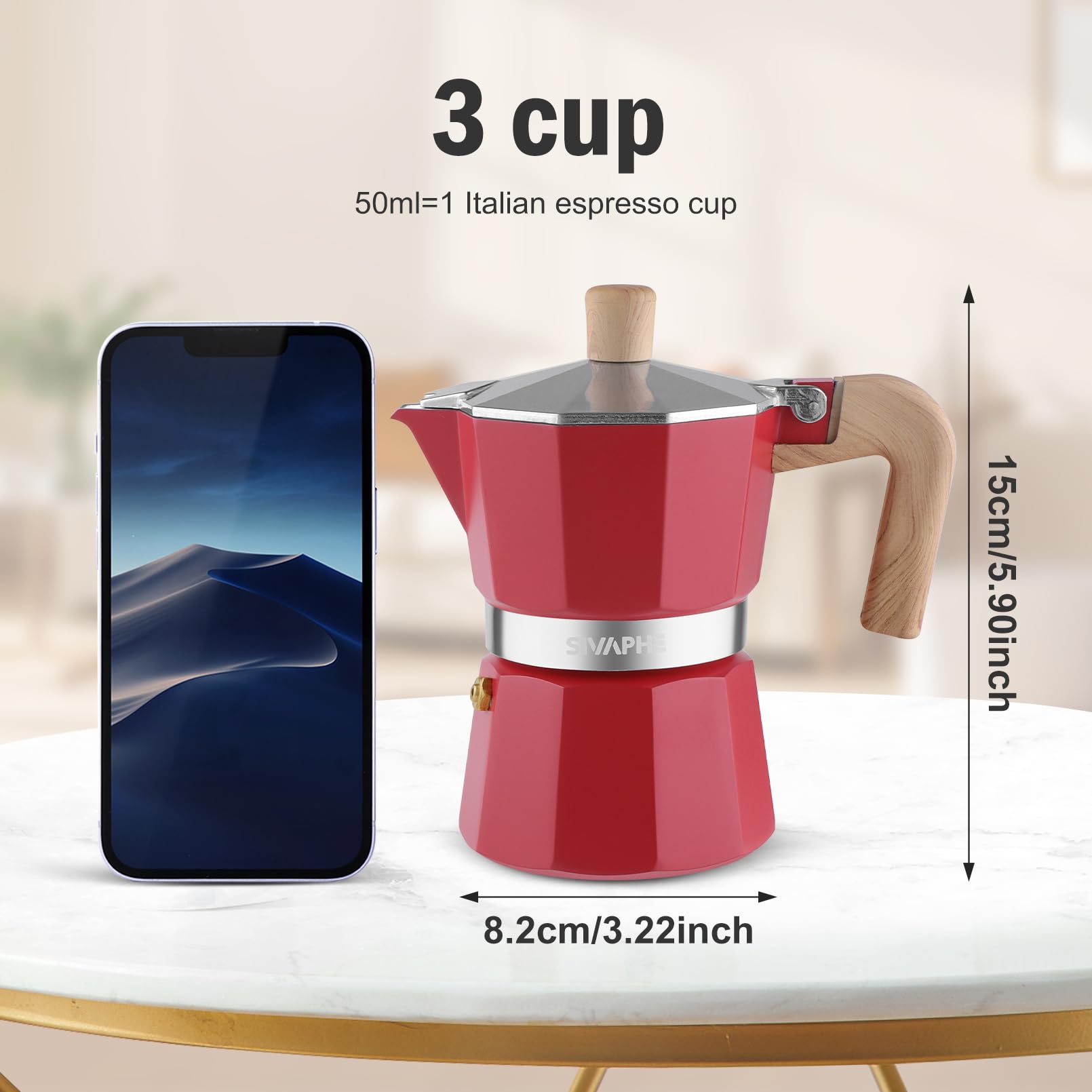 Sivaphe Olla Moka de aluminio con 3 tazas de espresso, cafetera y espresso percoladora, cafetera portátil italiana y cubana para el hogar y camping, color rojo