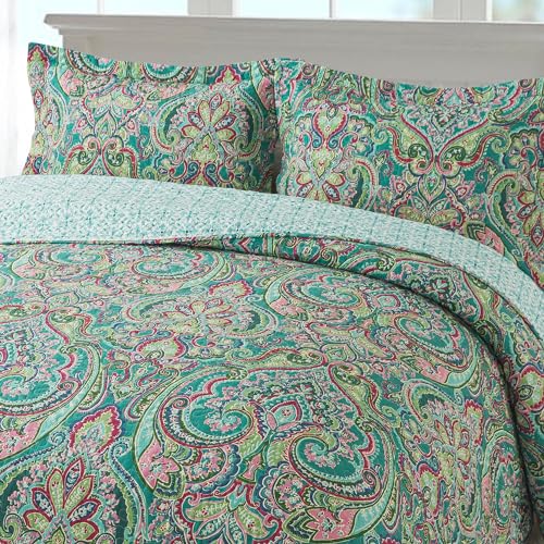NEWLAKE Cotton Bedspread Quilt Sets-Reversible Patchwork Coverlet Set, European Teal Floral Pattern, California King Size