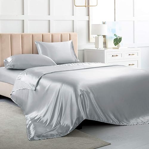 Miniatura 13 de Sábanas de satén tamaño King, sábanas de seda gris, juego de ropa de cama suave de 4 piezas con 1 sábana bajera de bolsillo profundo, 1 sábana Gris