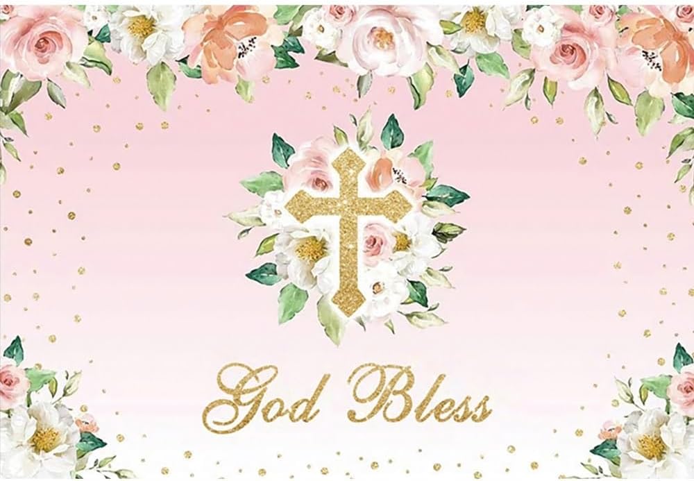 YongFoto 6x4ft God Bless Cross Backdrop First Holy Communion Baptism White Pink Floral Angel Gold Sequins Glitters Dots Jesus Christening Green Leaves Photography Background Baby Shower Photo Props