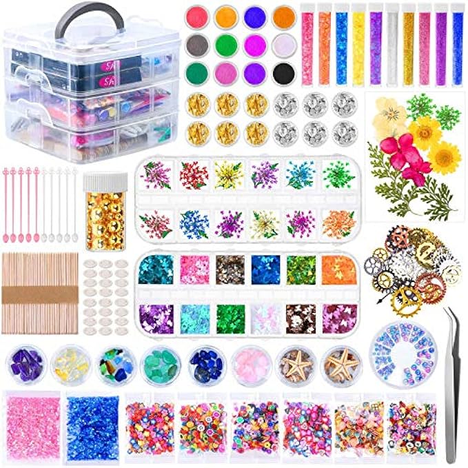 Thrilez Resin Decorating Accessories Kit, Resin Jewelry Making Supplies Kit with Dried Flowers, Resin Glitter Sequins, Mica Powder, Resin Foil and Epoxy Resin Filler for Resin Crafting Beginners
