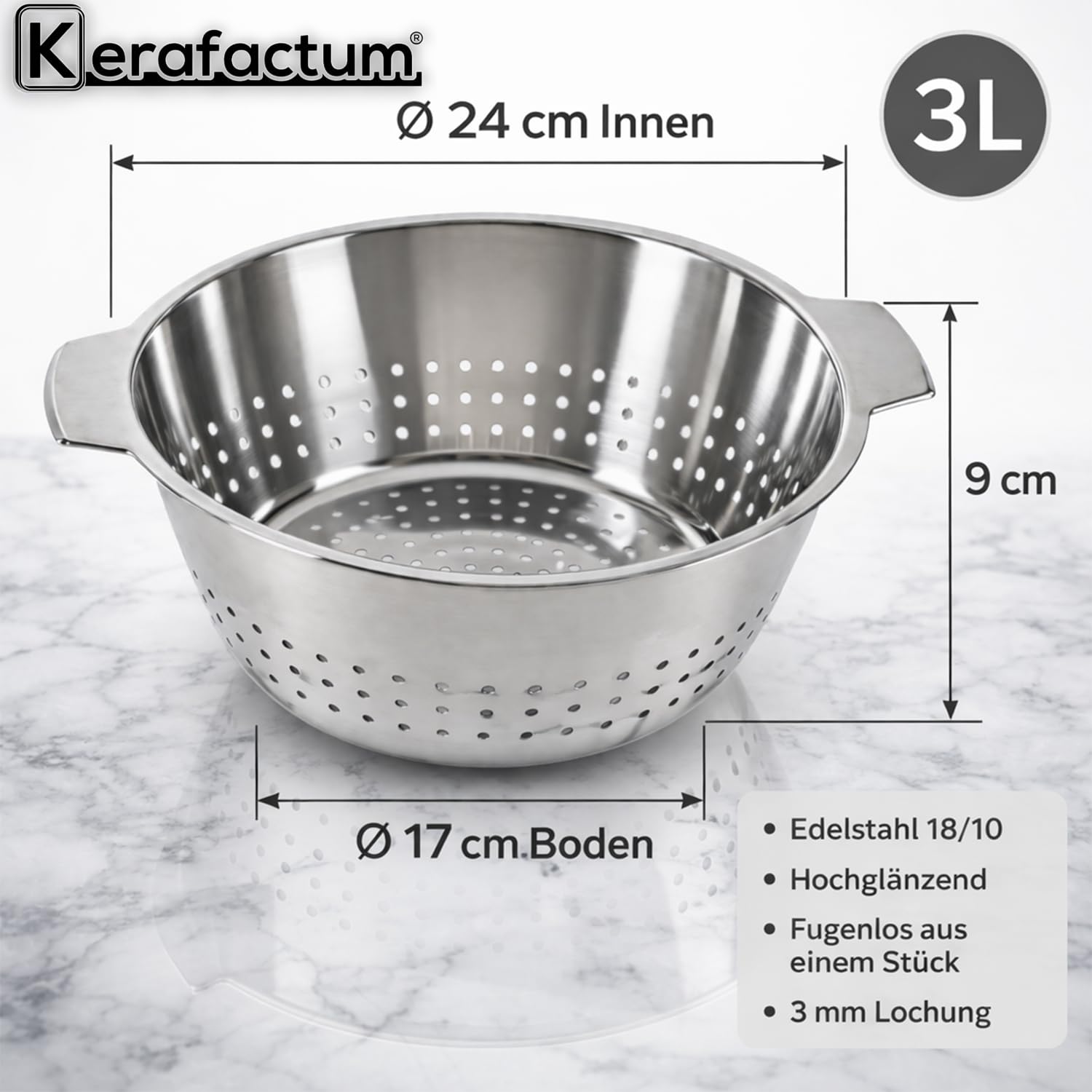 Colador para ensaladas, colador de cocina, colador de acero inoxidable, colador de pasta | diámetro de 24 cm, colador de verduras, colador de verduras, apto para lavavajillas, 2 asas, colador de