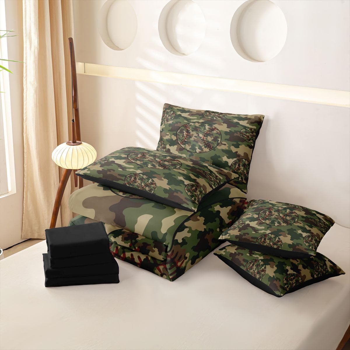Loussiesd Juego de funda de edredón verde y marrón, tamaño King, 7 piezas, ropa de cama de béisbol para niños y niñas, con funda de edredón, sábanas, fundas de almohada, fundas de cojín