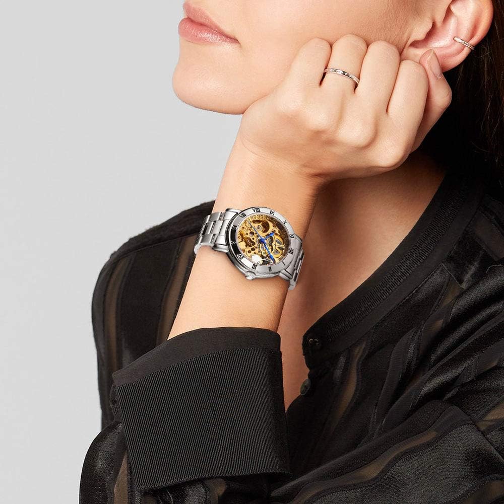 Gute IK Women's Automatic Watch, Steampunk Self Winding Mechanical Silver Bracelet Women Wrist Watch Gold image 3 of 7 B074JYL51J