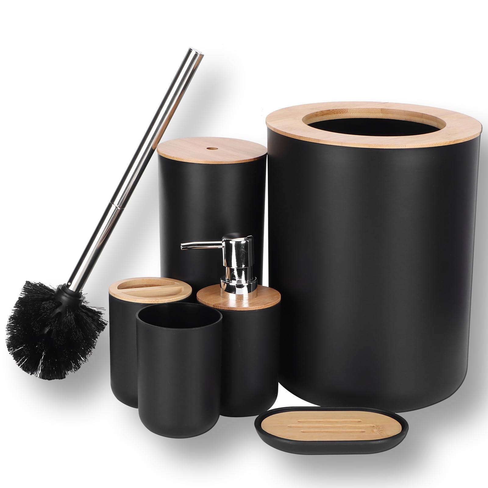 Juego de accesorios de baño de bambú, kit de limpieza de 6 piezas, soporte para cepillo de dientes, dispensador de jabón, jabonera, taza, cepillo de inodoro para decoración elegante del hogar