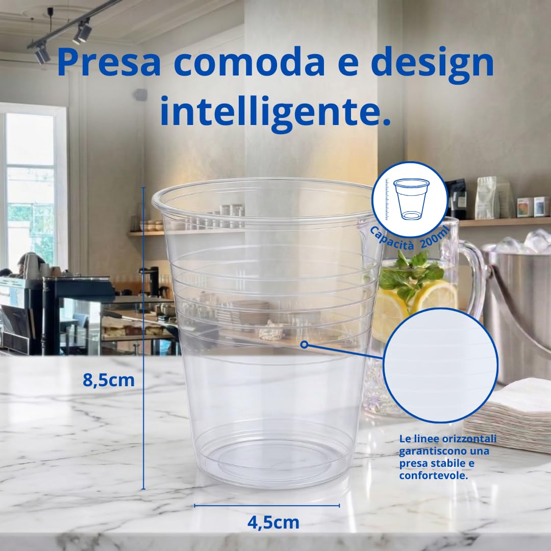 Bicchieri Plastica Trasparenti Monouso (200 ml) | 96 Pezzi Usa e Getta o Riutilizzabili fino a 50 Lavaggi | Lavastoviglie | Senza BPA | Impilabili | Acqua Cocktail Birra Feste Buffet Ufficio Catering