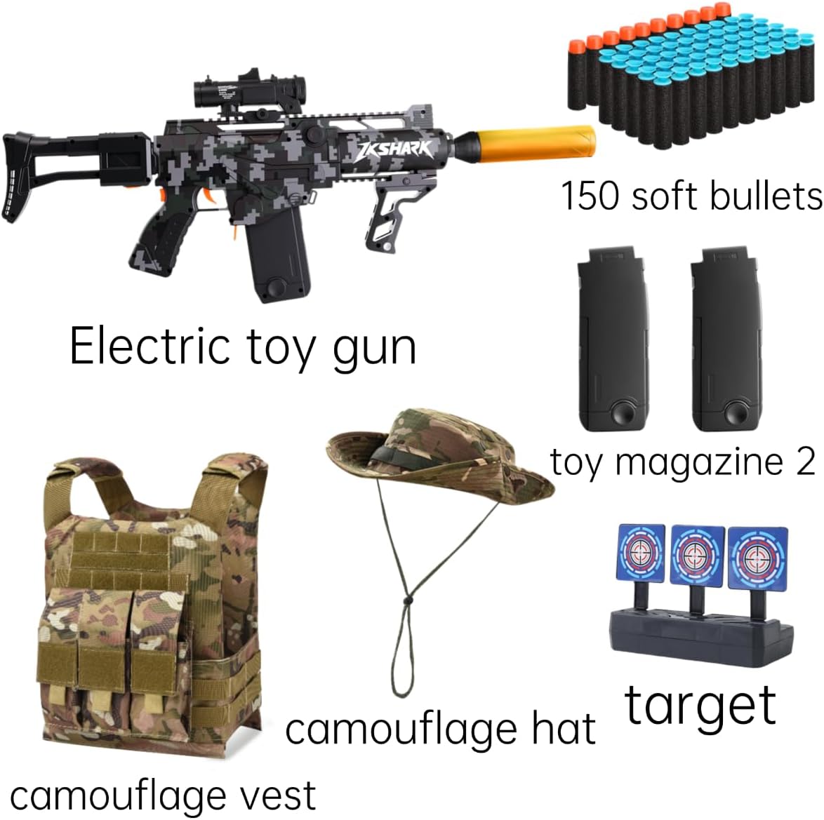 Kids Soft Bullet Gun Set with Tactical Vest, Camouflage Hat, 150 Foam Darts & Target - Outdoor Soldier Role Play Toy for Boys Age 8+