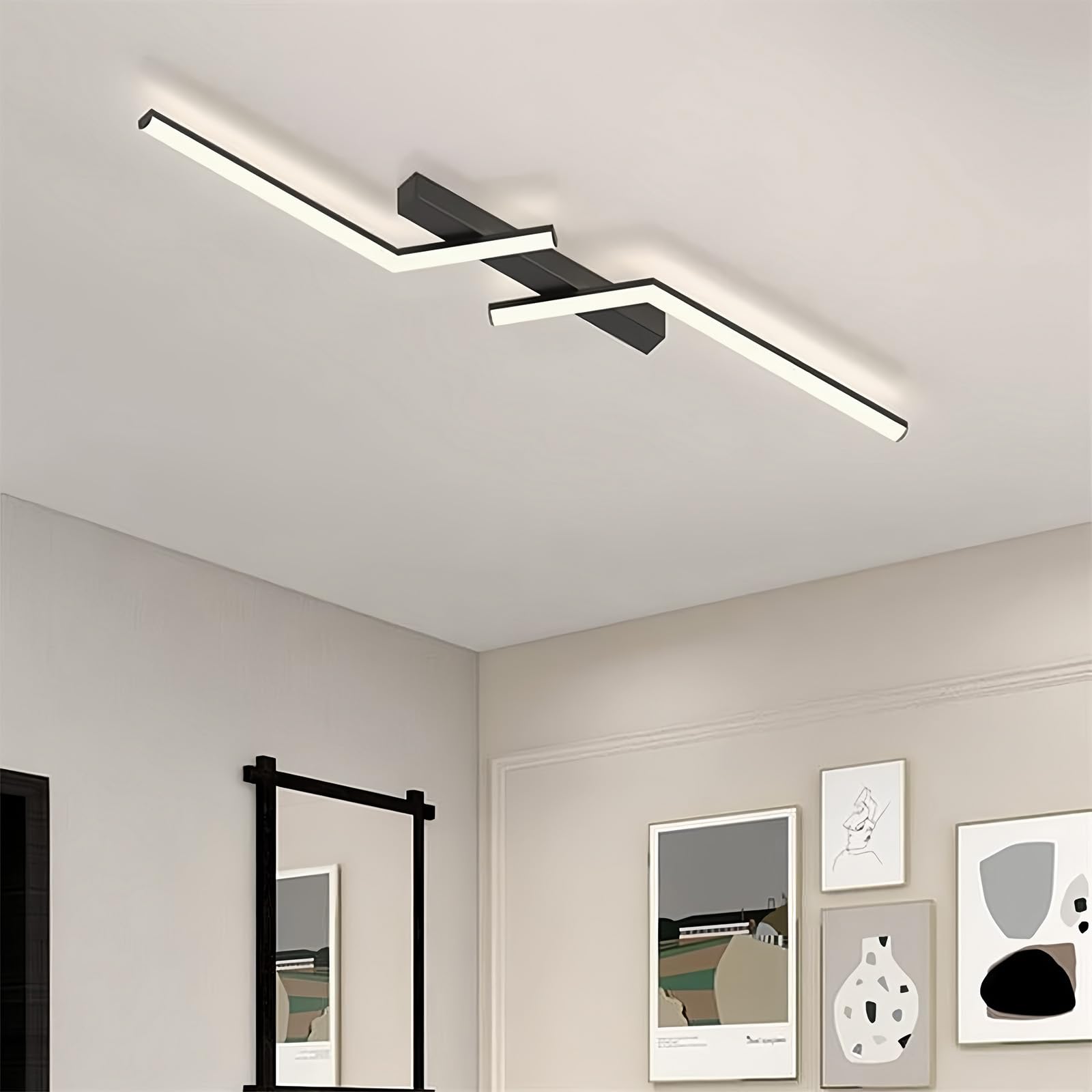 LED Modern Deckenlampe Eisen + Aluminium Linear Deckenleuchte Interieur Minimalistisch Kreativ Deckenbeleuchtung Lang Parallele Decke Dekoration für Schlafzimmer Flur (60cm,Schwarz Weißes Licht)