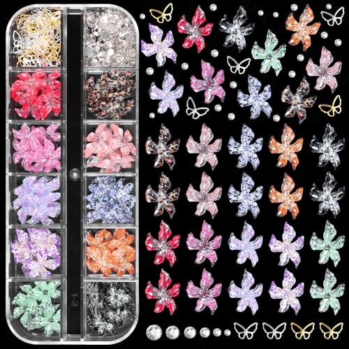 3D Flower Nail Charms, Hawaii Hibiscus Floral Nails Art Charms Spring Summer Colorful Flower Nail Jewelry and Rhinestones, Silver Gold Butterfly Flowers Nail Design for Women Nail Supplies