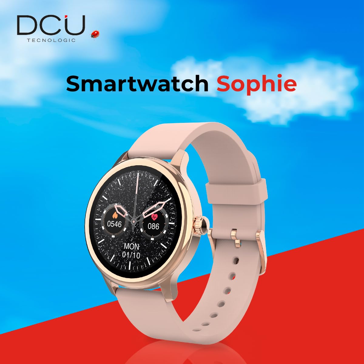DCU TECNOLOGIC - Smartwatch Sophie - Smartwatch damski w kolorze różowego złota z różowym silikonowym paskiem - Ekran dotykowy HD 1.2'' - IP67 Wodoodporny - 22 tryby sportowe