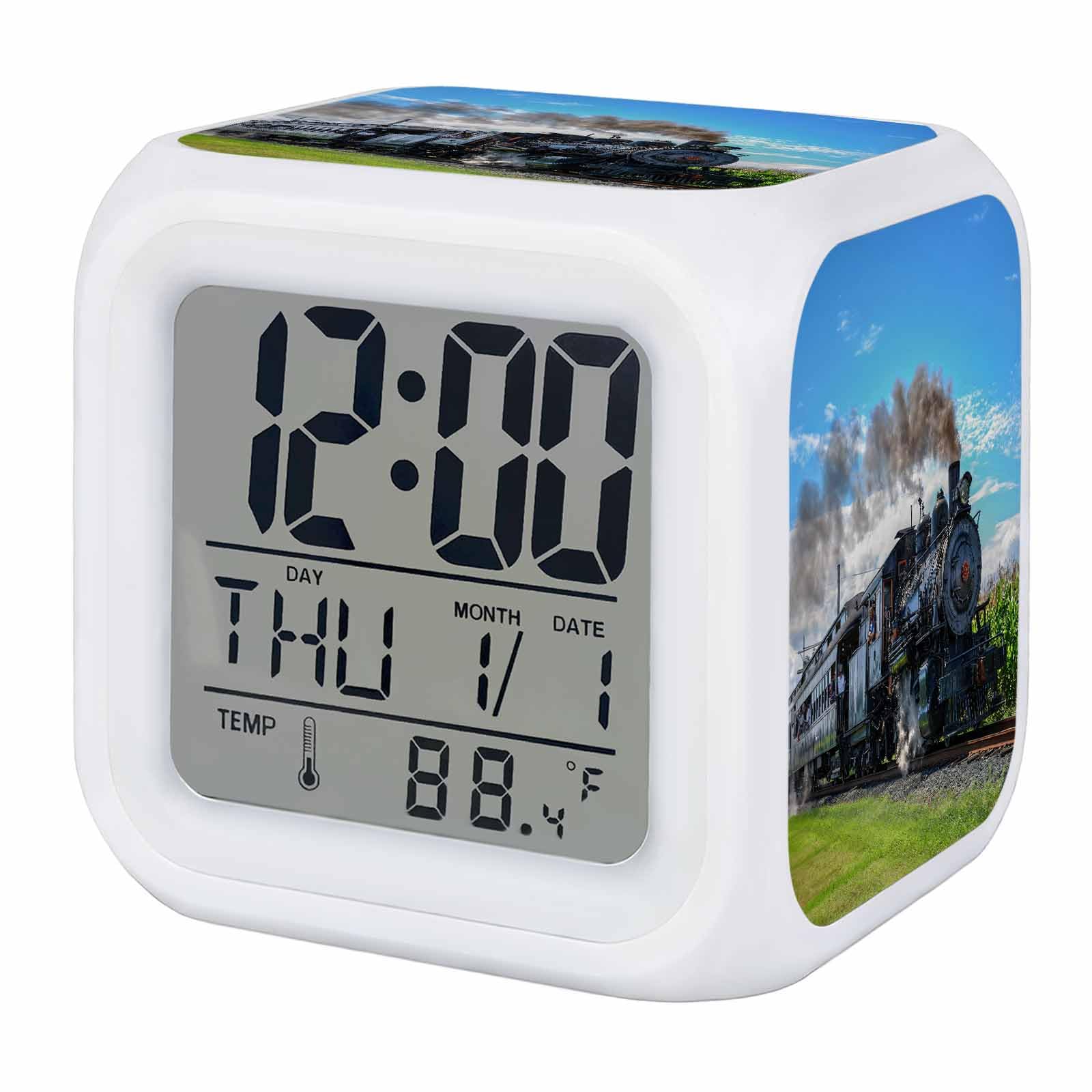 Singingin Steam Train Alarm Clock, Railways Trees Landscape Modern Digital Clock Night Light with 7 Color, Calendar Temperature Display, NightLight Clock for Bedroom, 3.2x3.2in