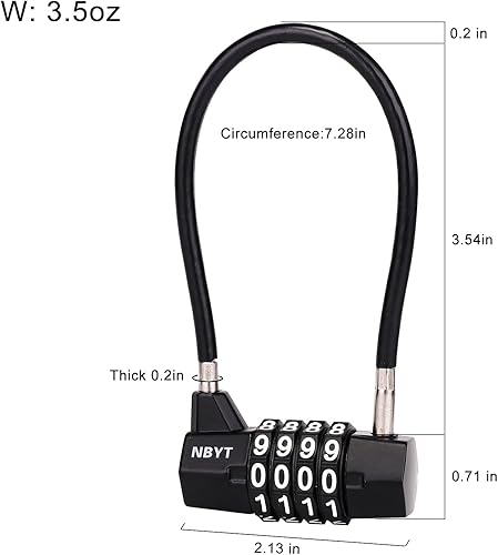 Miniatura 2 de Cerradura de cable combinada, cable de acero de 316 pulgadas, 7 pulgadas de longitud, cerradura de 4 dígitos para puertas, vallas, gabinetes,