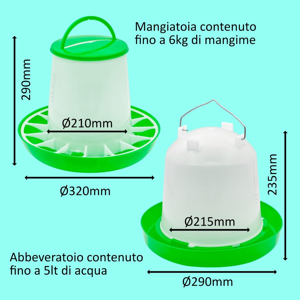 STI Set Mangiatoia 6kg + Abbeveratoio 5L kit distributore mangime acqua per polli pollame galline alta qualità Verde