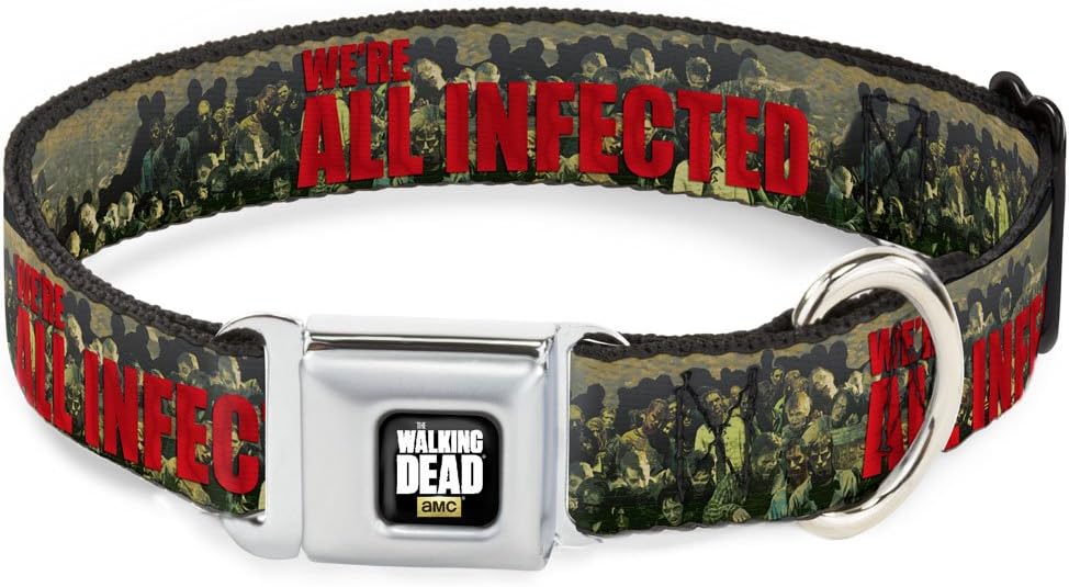 Buckle-Down Seatbelt Buckle Dog Collar - We're All Infected Zombies1 Greens/Red - 1" Wide - Fits 15-26" Neck - Large