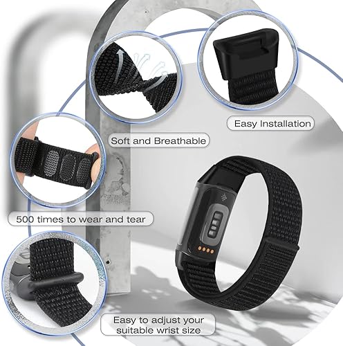 Miniatura 5 de Correa deportiva de nailon compatible con Fitbit Charge 6/5, ajustable, transpirable, repuesto suave, correa de nailon suave para mujeres/hombres